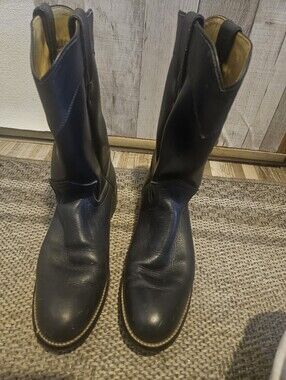 Womens Vintage Justin Diamond J Navy Blue Leather Roper Cowboy Boots. 7.5B
